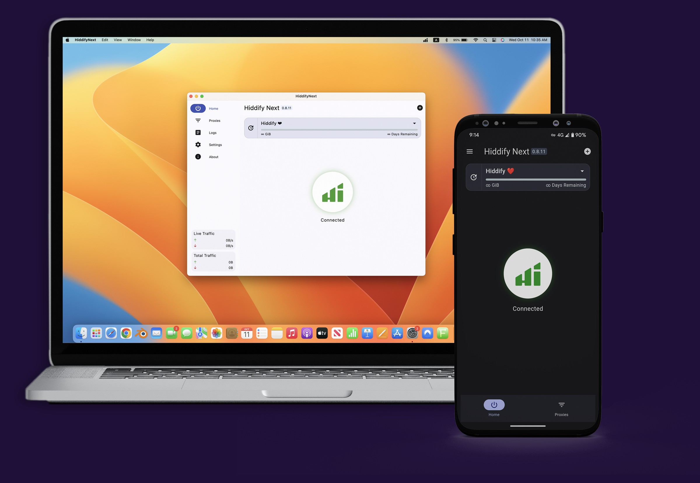 Hiddify on laptop and phone with the connect button