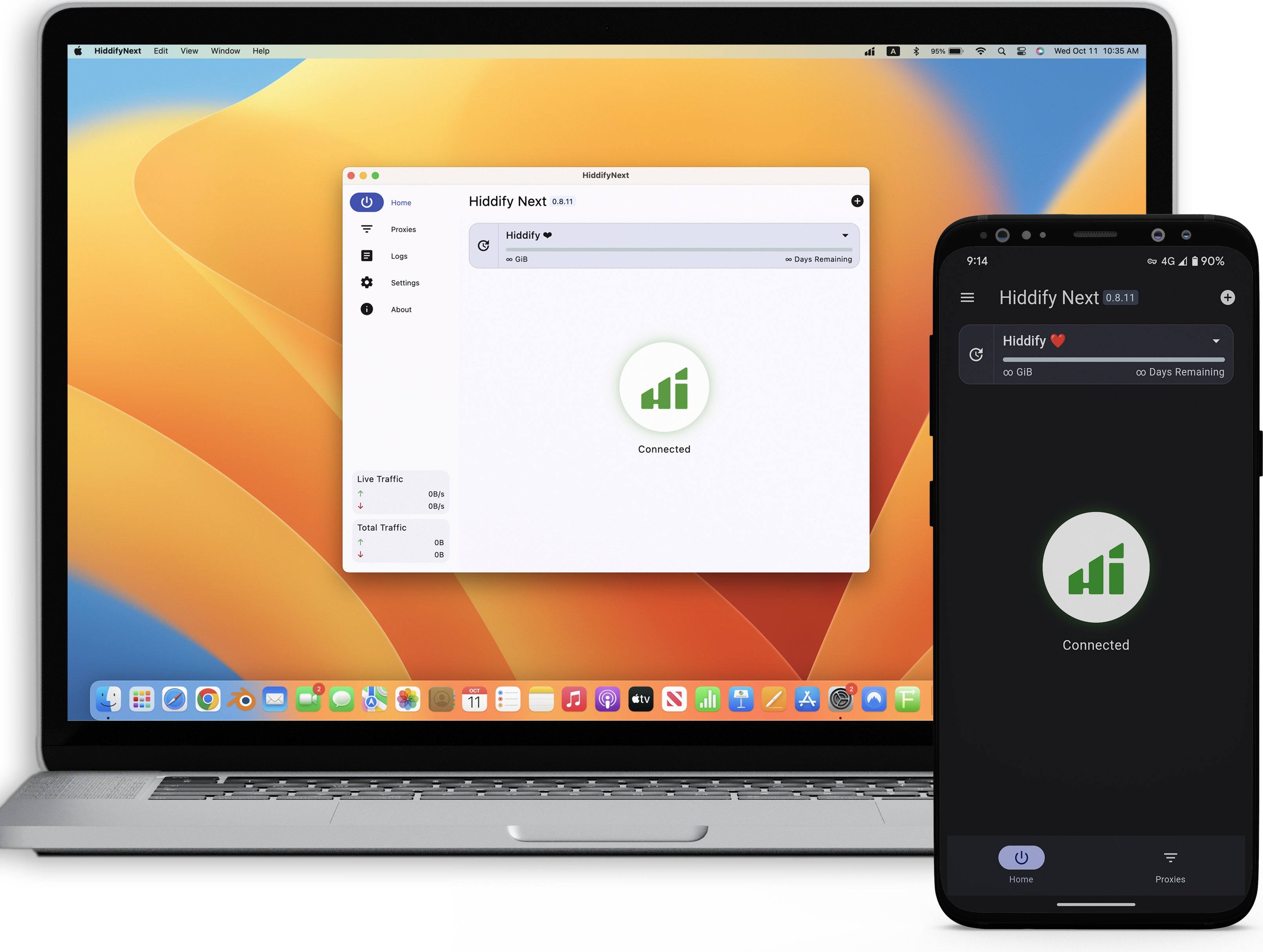 Hiddify on laptop and phone with the connect button